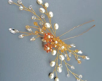 Floral Pearl Bridal Hair Pin, Gold Flower Wedding Hairpiece