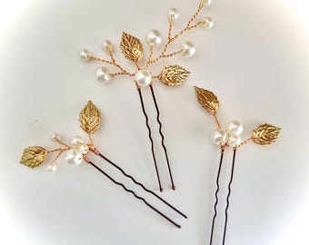 Blattgold Perle Haarnadeln, Braut Haarschmuck, Clips