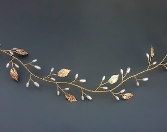 Bridal hair vine, leaf and pearl wedding hair piece, bridal hair accessories, wedding headband, gold leaf headband, bridesmaid, bride, prom