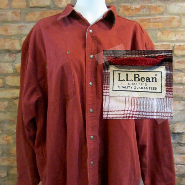 Vintage LL Bean Work Shirt • 80s Lined Flannel Button Down Camp Shirt • Men's XL Burgundy Red Thick Cotton Shirt • Outdoor Work Field Jacket