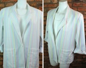Rainbow Striped Blazer 80s Pastel Stripe Suit Jacket Women Medium Large Oversized Blazers 3 4 Sleeve White Cardigan Loose Fit Sports Coat