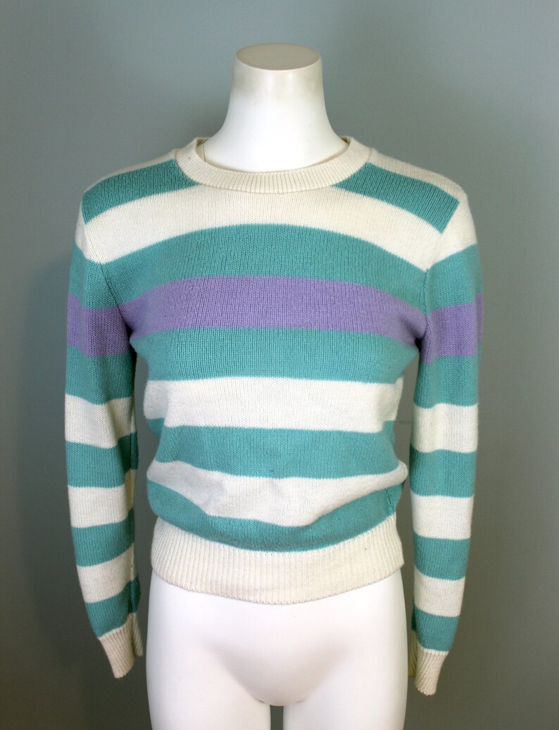 80s Striped Sweater Pastel Purple Teal Thick Stripes Pattern Vintage Crew Sweater Fitted Top Thin Knit Jumper Minimal Light Sweater Medium