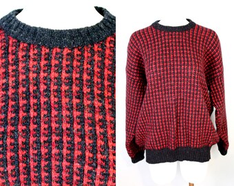 Vintage 80s Sweater Shetland Wool Sweater Black Red Birds Eye Sweater Austin Reed Knit Pullover Thick Winter Knits Classic Fisherman Sweater