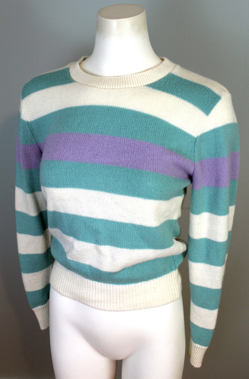 80s Striped Sweater Pastel Purple Teal Thick Stripes Pattern Vintage Crew Sweater Fitted Top Thin Knit Jumper Minimal Light Sweater Medium