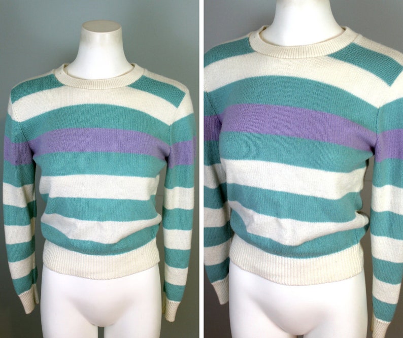 80s Striped Sweater Pastel Purple Teal Thick Stripes Pattern Vintage Crew Sweater Fitted Top Thin Knit Jumper Minimal Light Sweater Medium