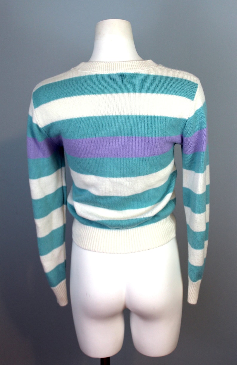80s Striped Sweater Pastel Purple Teal Thick Stripes Pattern Vintage Crew Sweater Fitted Top Thin Knit Jumper Minimal Light Sweater Medium