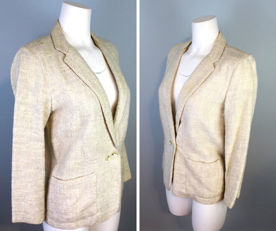 Vintage Linen Blazer Women's 7/8 Beige Oatmeal Coa