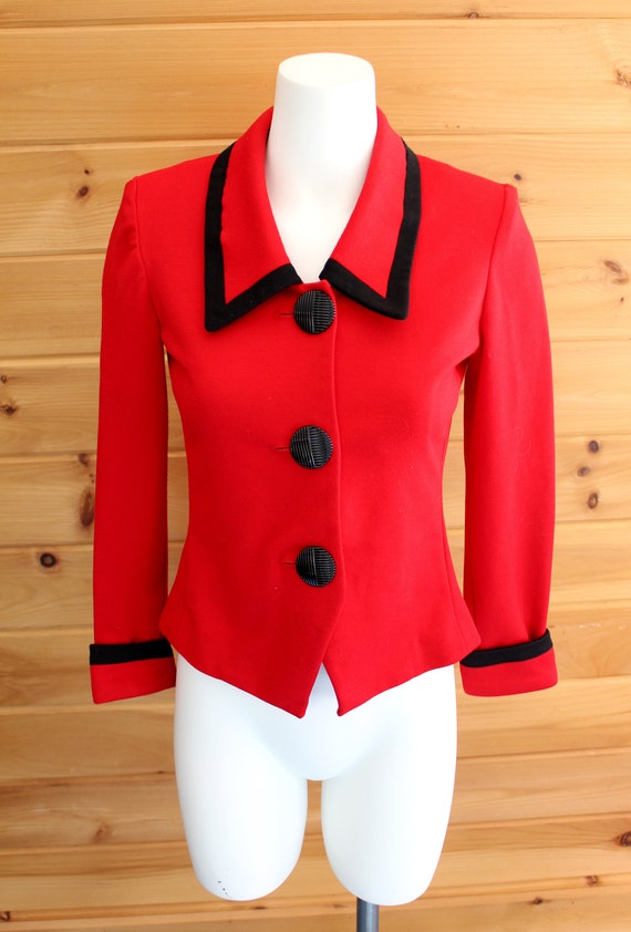 Vintage 80s Suit Jacket Women Size 4 Petite Leslie Fay Blazer Bold Red Black Trim Geometric Blazer 1980s Power Suit Jacket Office Wear Retro