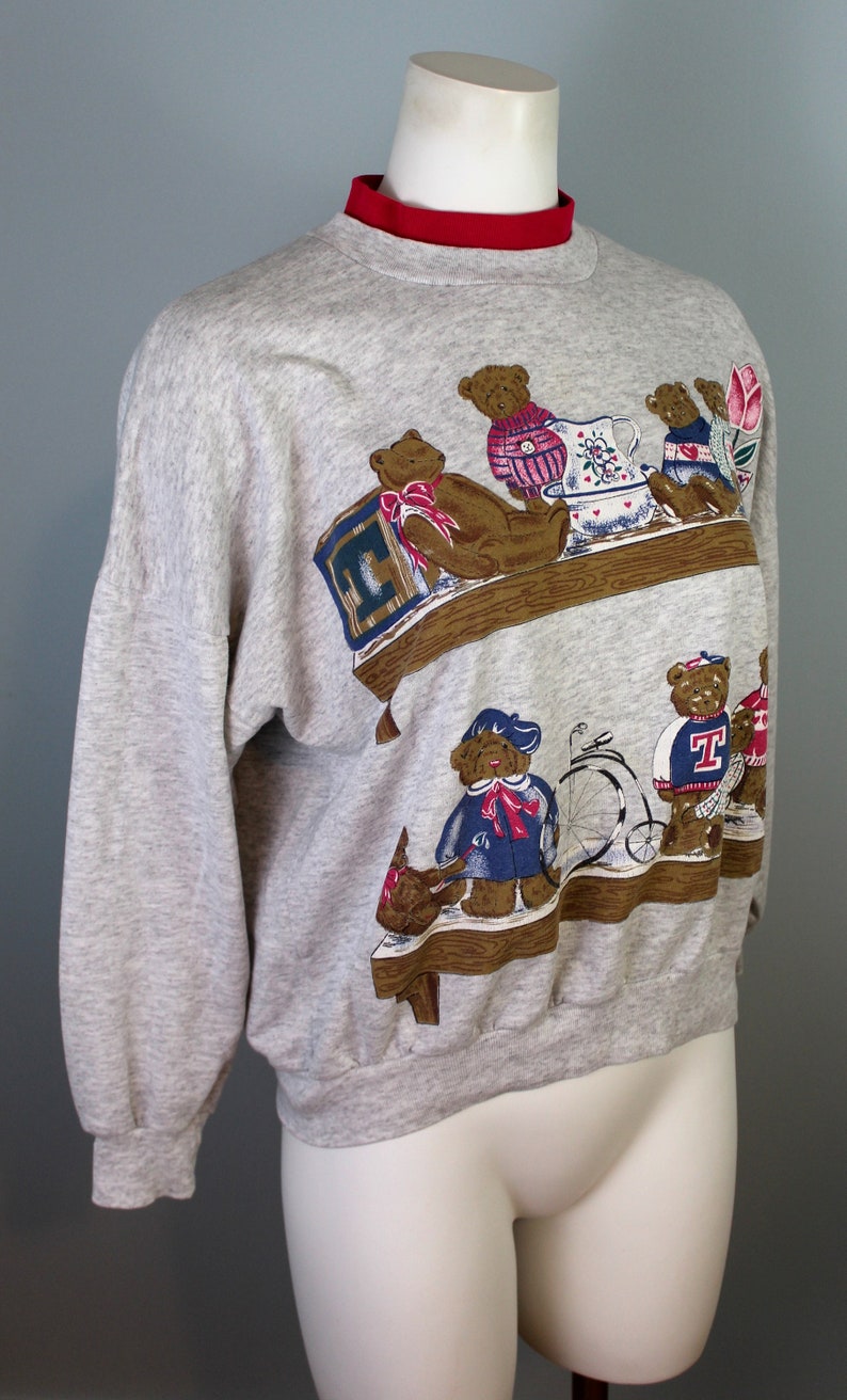 Teddy Bear Sweatshirt 90s Mock Neck Sweater Hot Pink Grey Graphic Sweatshirt Bear Print Shirt Novelty Sweatshirt 90s Clothing Cute Animals