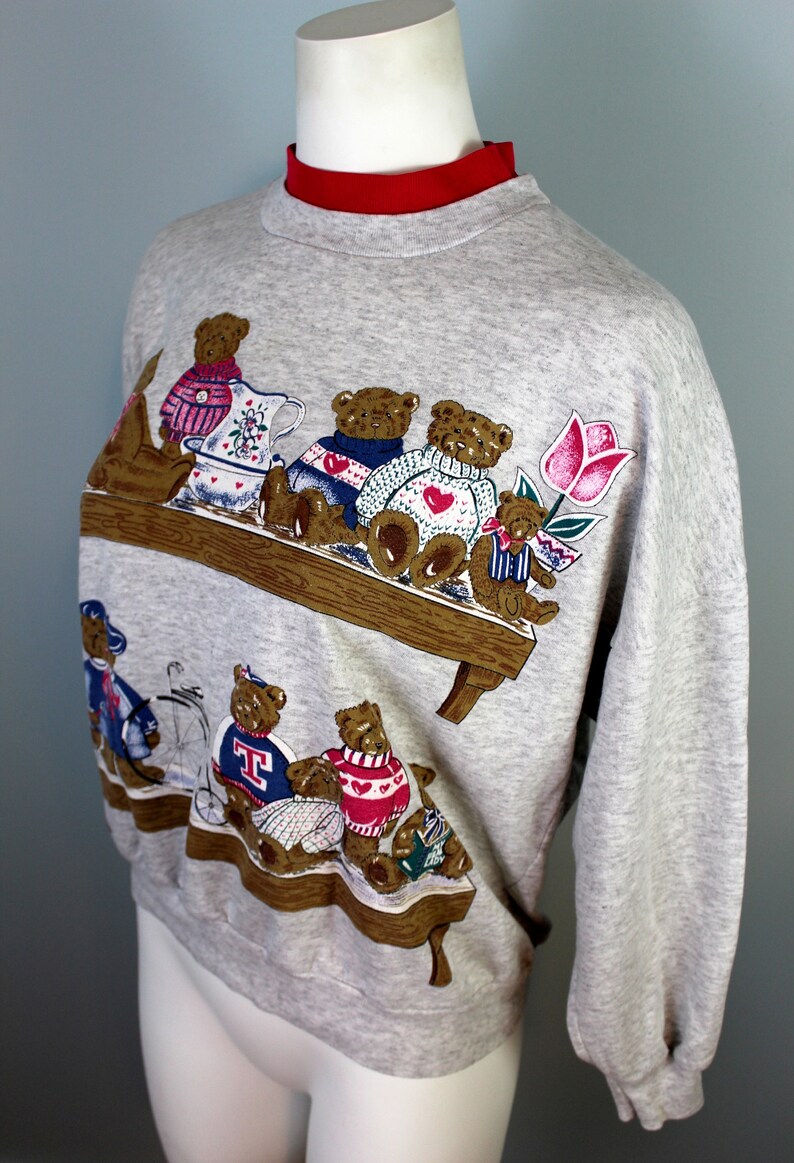 Teddy Bear Sweatshirt 90s Mock Neck Sweater Hot Pink Grey Graphic Sweatshirt Bear Print Shirt Novelty Sweatshirt 90s Clothing Cute Animals