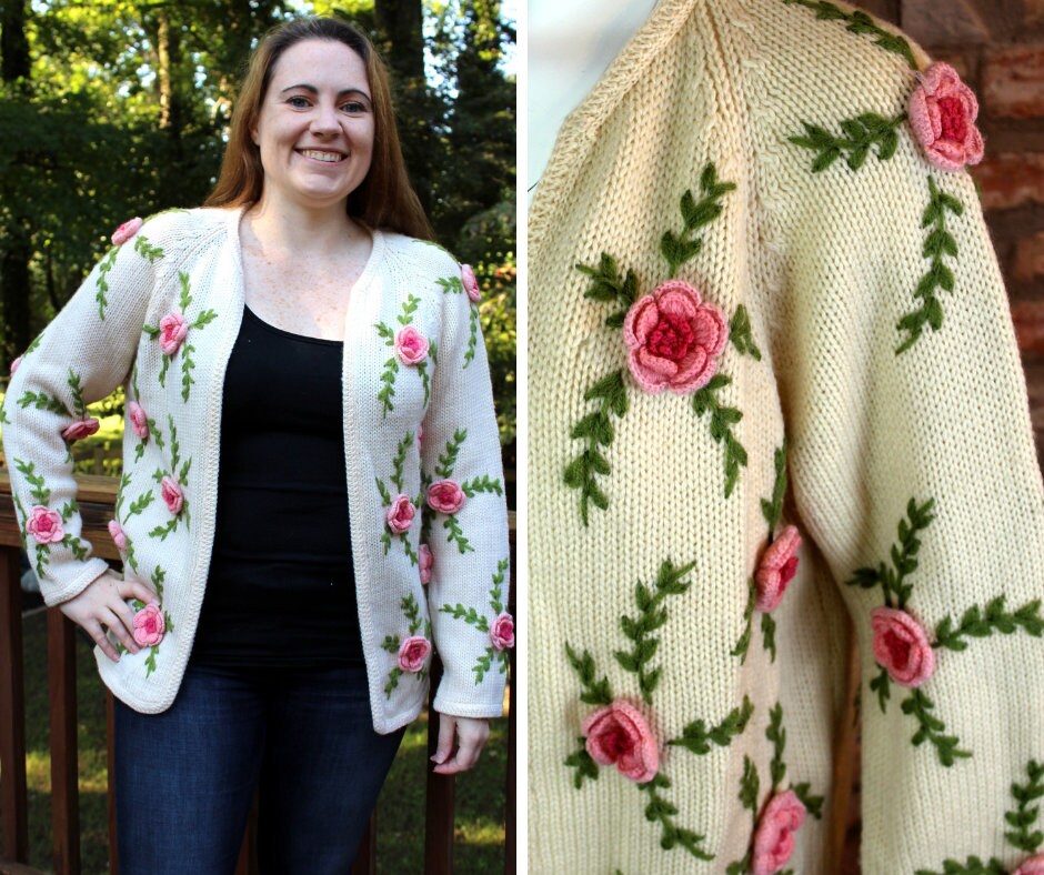 Embroidered Wool Cardigan Women Flower 