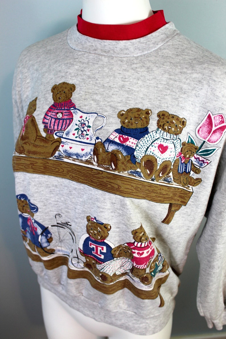 Teddy Bear Sweatshirt 90s Mock Neck Sweater Hot Pink Grey Graphic Sweatshirt Bear Print Shirt Novelty Sweatshirt 90s Clothing Cute Animals