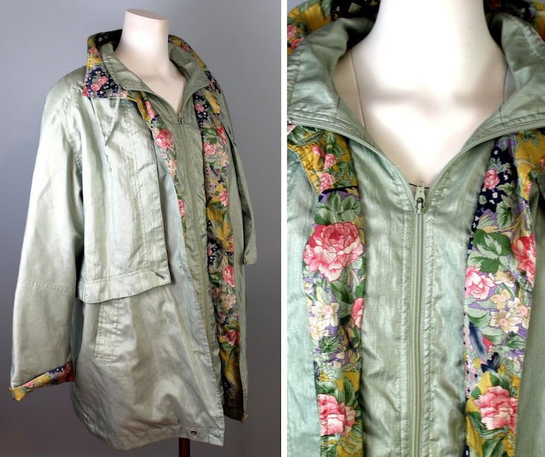 Floral Windbreaker 80s Vintage Jacket Light Green Wind Coat Long Jacket Flower Pattern Tracksuit Top Colorful Windbreakers Women 1980s Style