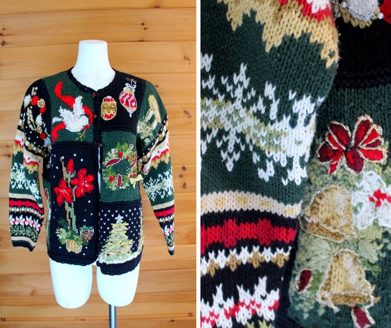 Vintage Christmas Sweater Women's Medium Ugly Christmas Sweaters Tiara International Ramie Cotton Cardigan Holiday Outfit Festive Xmas Top