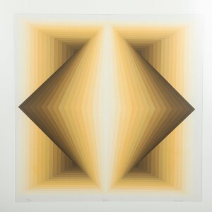 May include: A framed abstract print with a geometric design in shades of brown and yellow. The print features a series of concentric squares and triangles that create a sense of depth and perspective.