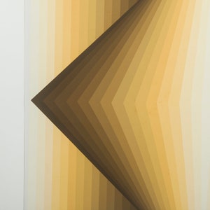 May include: Abstract geometric art print with a brown and beige color scheme. The print features a series of overlapping, angled lines that create a sense of depth and movement.