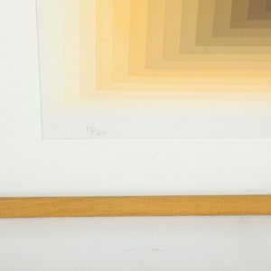 May include: A framed print with a geometric pattern of yellow and brown squares. The print is numbered 63/200.