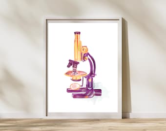 Microscope Watercolor Art Print, Pathology Lab Office Wall Decor Vintage