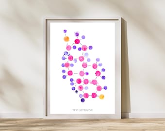 Testosterone Molecule Art, Reproductive Hormone Molecule Watercolor Painting, Fertility Artwork