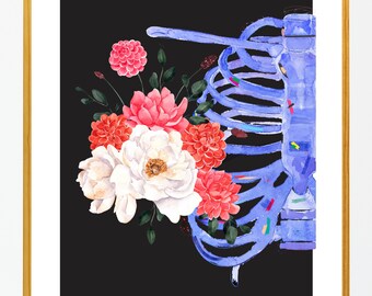 Skeleton and Flowers Anatomy Poster, Physical Therapy Medical student and Chiropractic Graduation Gifts, Skeleton Watercolor Wall Art