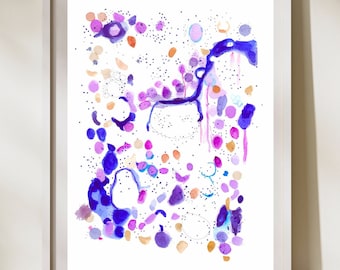May include: Abstract watercolor art print in a white frame. The artwork features a vibrant mix of blue, purple, pink, and orange shapes and splatters on a white background. The design includes a whimsical, elongated blue figure.