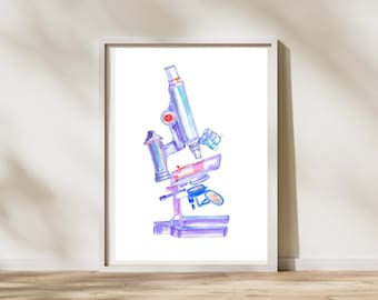 Impressão artística de microscópio, arte de parede para escritório de laboratório de patologia, presente para patologista, microbiologista, cientista e técnico de laboratório.