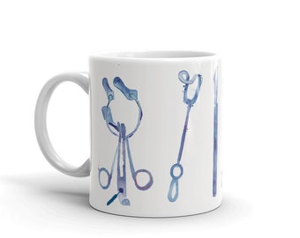 Tasse d’instruments de chirurgie, illustration de chirurgie à l’aquarelle, cadeau technique de chirurgie, cadeau d’infirmière OU, cadeau de chirurgien, cadeau OBGYN