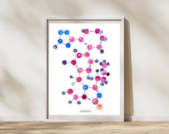Losartan Molecule Art, Angiotensin II Receptor Blocker Hypertension Artwork, Cardiology Watercolor Office Decor