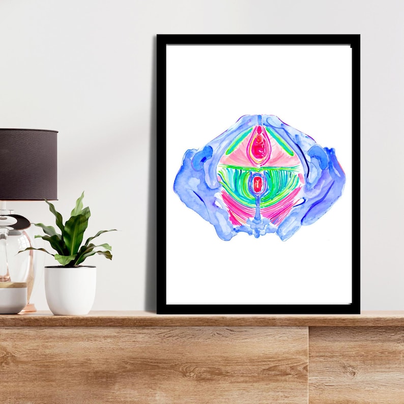 Puede incluir: Una pintura de acuarela de una ilustraci&oacute;n anat&oacute;mica colorida del suelo p&eacute;lvico femenino. La ilustraci&oacute;n est&aacute; en tonos de azul, rosa, verde y amarillo.
