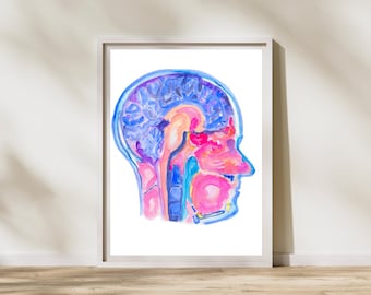 Head MRI Watercolor Anatomy Art, Radiology Decor, Neurology Artwork, Neurosurgeon Gift