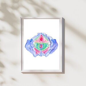 Puede incluir: Una pintura de acuarela de una ilustraci&oacute;n anat&oacute;mica estilizada de la regi&oacute;n p&eacute;lvica femenina. La ilustraci&oacute;n est&aacute; en tonos de azul, rosa, verde y rojo.