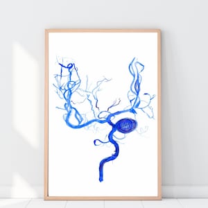 May include: A framed print featuring a blue watercolor illustration of a branching structure, possibly anatomical. The artwork has a central, rounded shape with swirling lines, and the frame is a light wood color.