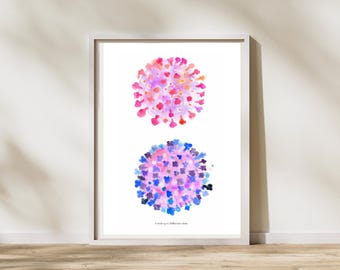 May include: A framed watercolor print featuring two stylized virus illustrations. The top virus is a vibrant mix of pink, red, and orange, while the bottom one is a blend of blue and purple. The text "Covid-19 & Influenza Virus" is at the bottom.