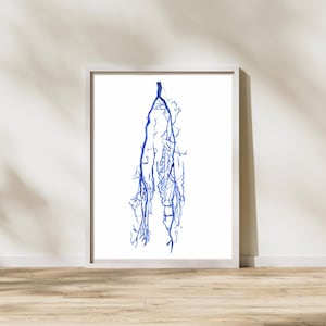 May include: Framed art print featuring a blue watercolor illustration of a branching, vein-like structure against a white background. The artwork is displayed in a white frame, creating a minimalist aesthetic. The print is set against a neutral wall and wooden floor.