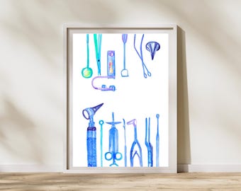 ENT Instruments Watercolor Art Print, Otolaryngology Doctor Gift