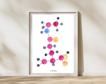 L-Theanine Molecule Watercolor, Wellness Print, Neuroscience Integrative Medicine Practice Decor, Supplement Artwork
