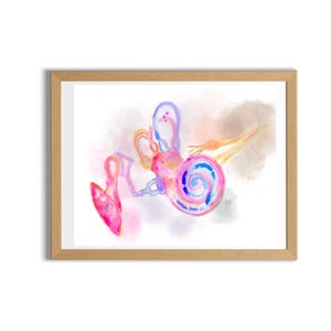 May include: Watercolor illustration of the human ear, framed in a light brown wooden frame. The artwork features a colorful depiction of the inner ear, with pink, blue, orange, and yellow hues. The image is set against a white background.