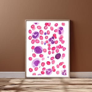 Blood Smear Watercolor Art Print for Hematology and Phlebotomy Office, CBC Red and White Blood Cells Platelets, Laboratory Wall Decor