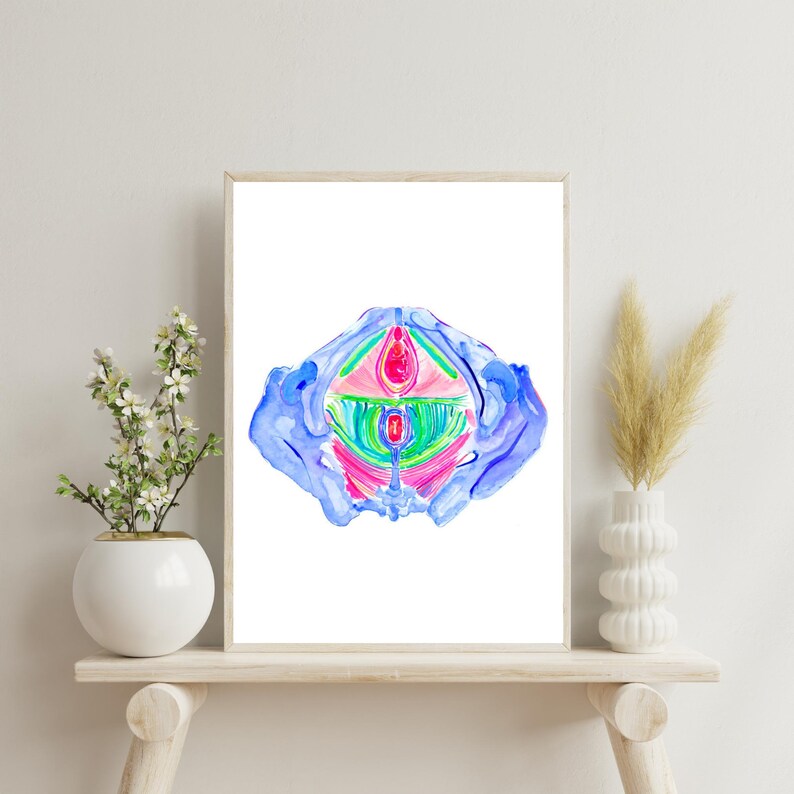 Puede incluir: Una pintura de acuarela de una ilustraci&oacute;n anat&oacute;mica estilizada del sistema reproductivo femenino. La ilustraci&oacute;n est&aacute; en tonos de azul, rosa, verde y blanco.