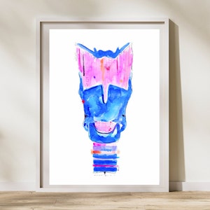 May include: A watercolor painting of a human larynx, or voice box, in shades of blue and pink. The painting is detailed and shows the different parts of the larynx.