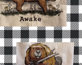 Oh dam beaver machine embroidery flour sack towel 15x24
