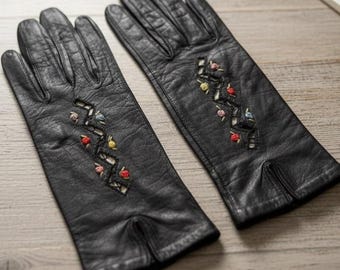 Vintage broderade svarta läderhandskar