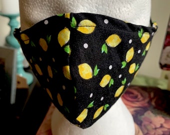 Lemon & with White Polka Dot Reversible Face Mask Covering with Elastic over the ears