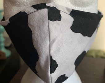 Black and White Cow Print Black Reversible Face Mask with elastic around the ears (nose wire optional)