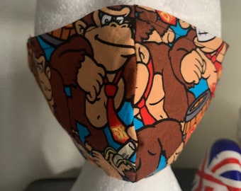 Washable Reversible Fabric Unisex Face Red Mask Nintendo donkey Kong with Adjustable Elastic ear pieces (nose wire optional)