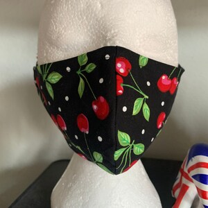 Washable Reversible Cotton Unisex Face Mask Cherries black and white with adjustable Elastic ear piece (nose wire optional)