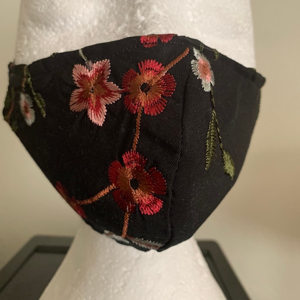 Washable Reversible Cotton Fabric Unisex Face Mask Black Floral embroidered with adjustable elastic around the ears (nose wire optional)