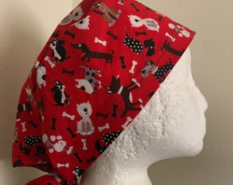 Scrub cap, 100% cotton, with Red Dogs with tie in back for doctor, nurse, dentist, hygienist, assistants, students