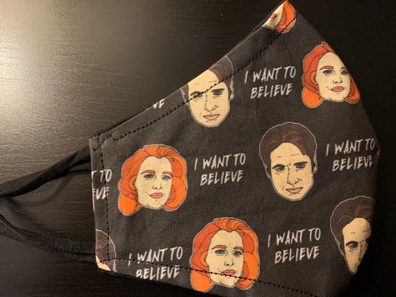 Xfiles, Mulder and Scully with Black Washable Reversible Cotton Fabric Unisex Face Mask  adjustable elastic ear pieces (Nose wire optional)