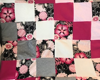 Pink & Grey Floral Baby Toddler Quilted Blanket